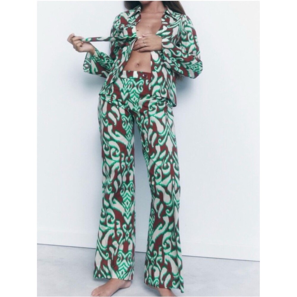 NEW Zara Retro The Selena Straight Pants Brown & Green Cotton Size Small